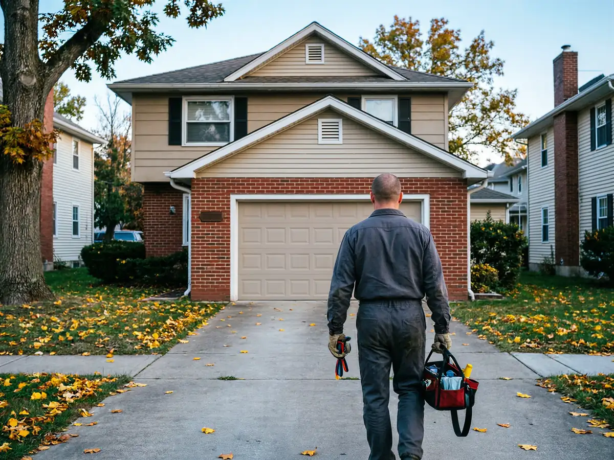 A technician in a gray uniform walks toward a house with a beige garage door.
