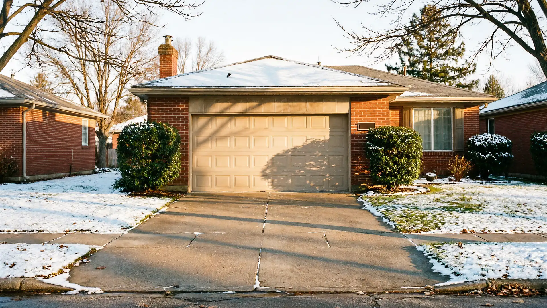 A single-story brick house with a beige garage door and snow on the roof.