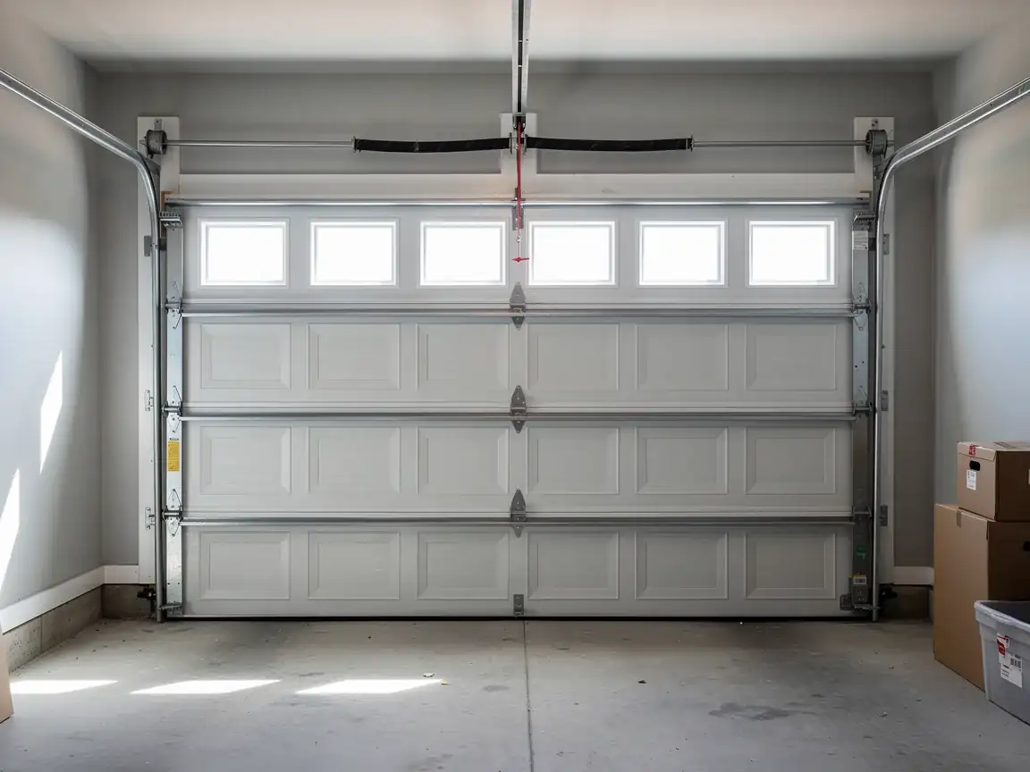A white garage door with windows is closed inside a garage.