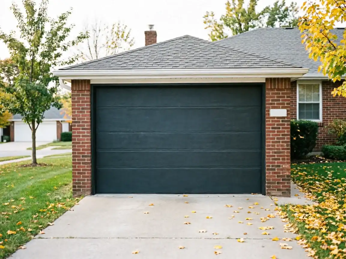 A dark gray garage door is on a brick house with a driveway and autumn leaves.