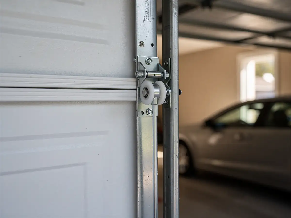 A white garage door with a roller and track is visible inside a garage.