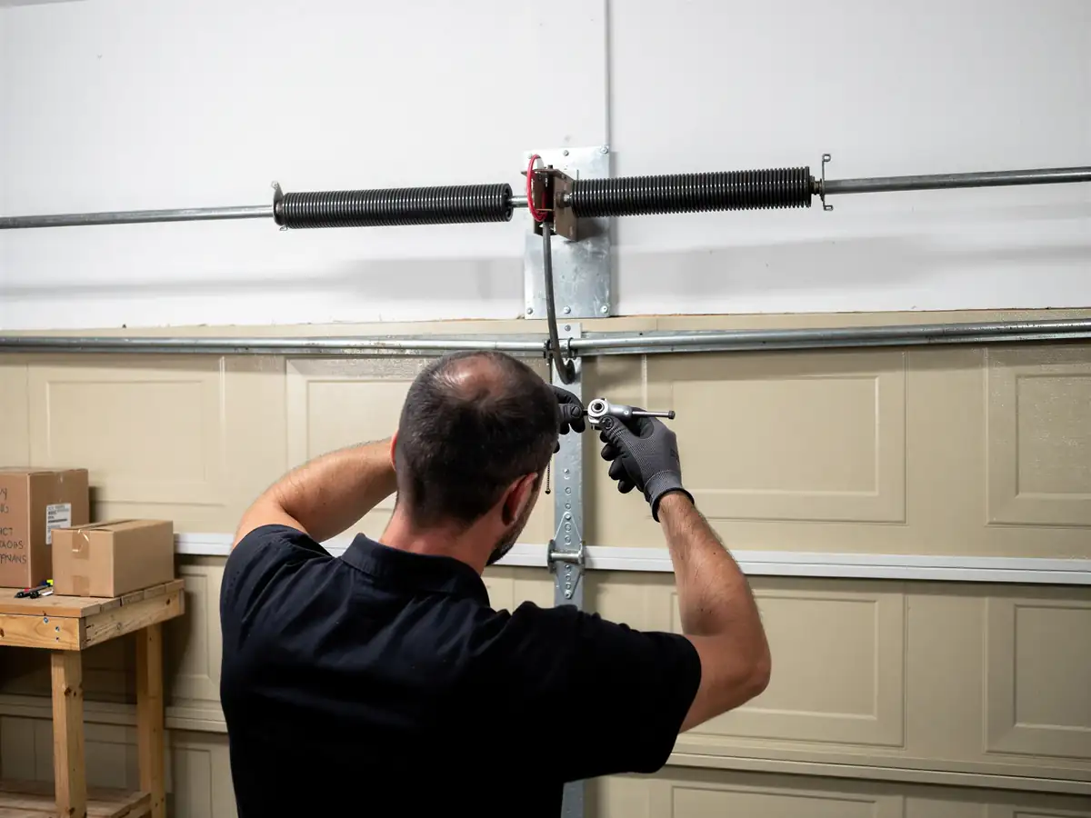 A technician is repairing the torsion spring above a beige garage door.